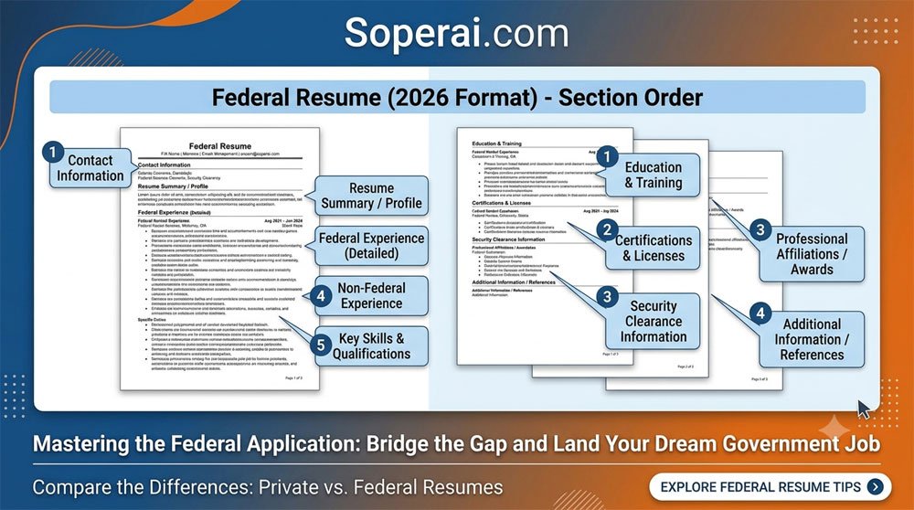 Federal resume format 2026 showing correct section order for USAJOBS