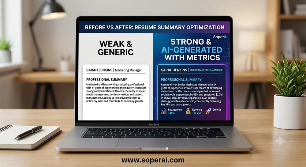 Weak versus strong free AI resume summary generator examples side by side.